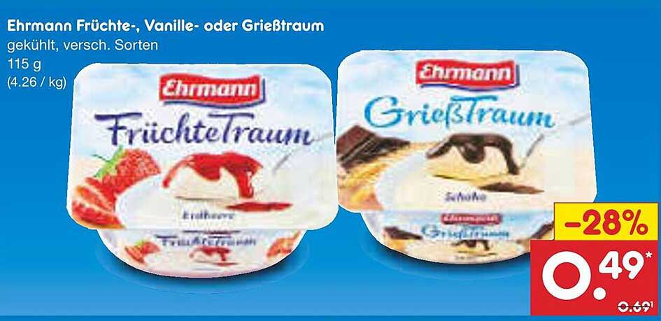 Ehrmann Früchtetraum, Vanille- oder Grießtraum 115 g