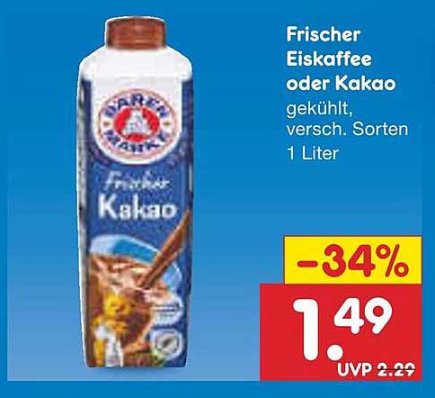 Frischer Eiskaffee oder Kakao, 1 Liter (verschiedene Sorten)