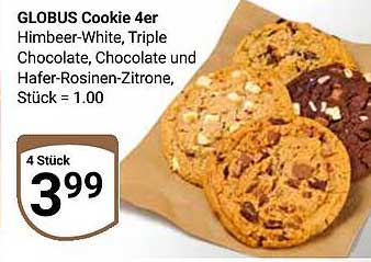 GLOBUS Cookie 4er – Himbeer-White, Triple Chocolate, Chocolate und Hafer-Rosinen-Zitrone