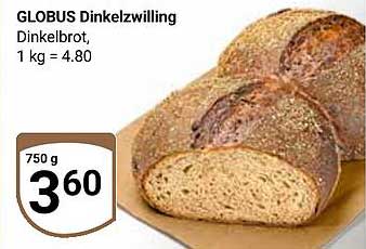 GLOBUS Dinkelzwilling, Dinkelbrot, 750 g für 3,60 €