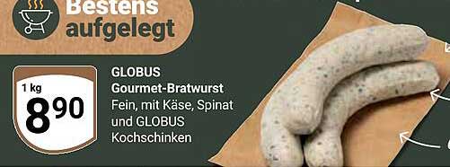 GLOBUS Gourmet-Bratwurst mit Käse, Spinat und Kochschinken