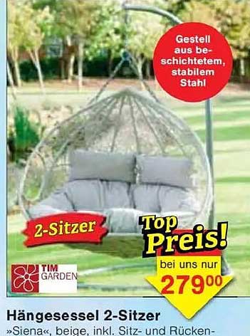 Hängesessel 2-Sitzer "Siena", beige, inkl. Sitz- und Rückenkissen