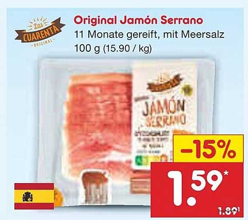 Original Jamón Serrano - 11 Monate gereift, mit Meersalz