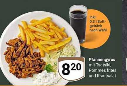 Pfannengyros mit Tsatsiki, Pommes frites und Krautsalat inkl. 0,3 l Softgetränk nach Wahl
