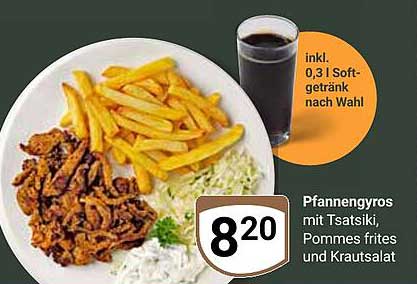 Pfannengyros mit Tsatsiki, Pommes frites und Krautsalat inkl. 0,3 l Softgetränk nach Wahl