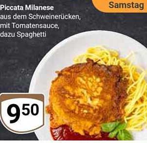 Piccata Milanese aus dem Schweinerücken, mit Tomatensauce, dazu Spaghetti