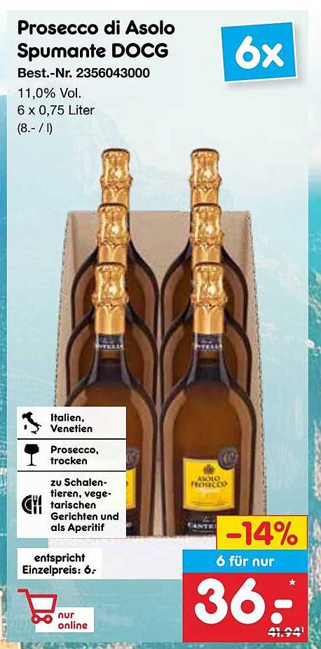 Prosecco di Asolo Spumante DOCG, 6 Flaschen à 0,75 Liter
