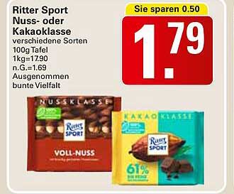 Ritter Sport Nuss- oder Kakaoklasse 100g Tafel