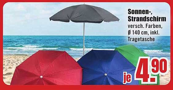 Sonnen-, Strandschirm für 4,90 € (verschiedene Farben, Ø 140 cm, inkl. Tragetasche)
