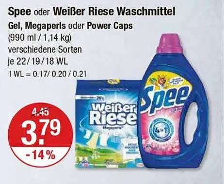 Spee oder Weißer Riese Waschmittel Gel, Megaperls oder Power Caps (990 ml / 1,14 kg)