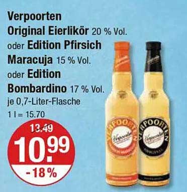 Verpoorten Original Eierlikör 20 % Vol oder Edition Pfirsich Maracuja 15 % Vol oder Edition Bombardino 17 % Vol je 0,7-Liter-Flasche
