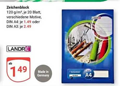 Zeichenblock A4 - Landre - 120 g/m², 20 Blatt