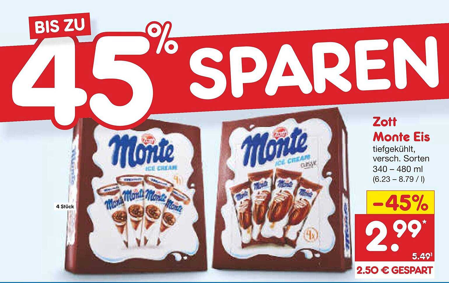 Zott Monte Eis – verschiedene Sorten, 340 – 480 ml