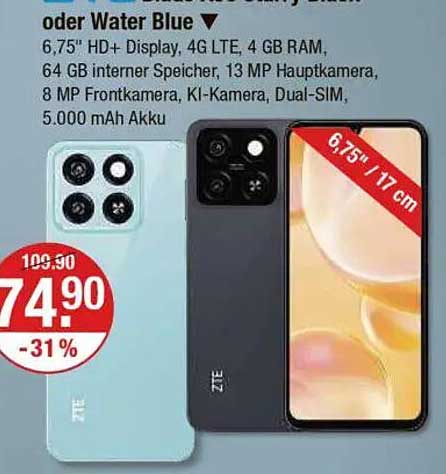 ZTE Smartphone mit 6,75" HD+ Display in Schwarz oder Water Blue