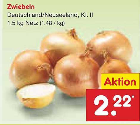 Zwiebeln, Deutschland/Neuseeland, Kl. II, 1,5 kg Netz (1,48 €/kg)