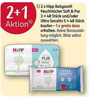 2 + 1 Aktion: 2 x Hipp Babysanft Feuchttücher Soft & Pur 3 x 48 Stück und/oder Ultra Sensitiv 5 x 48 Stück kaufen – 1 x gratis dazu