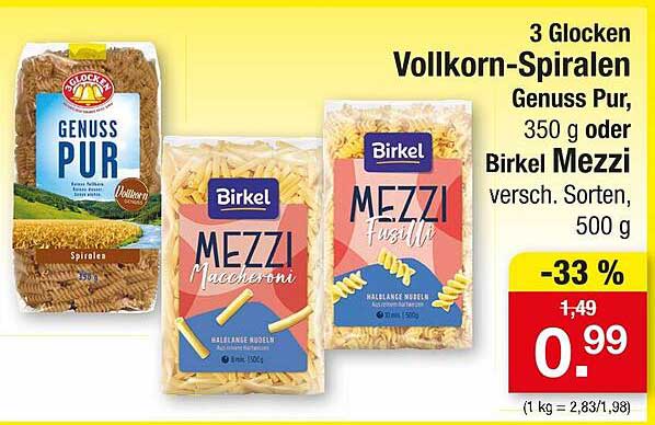 3 Glocken Vollkorn-Spiralen Genuss Pur, 350 g oder Birkel Mezzi, verschiedene Sorten, 500 g