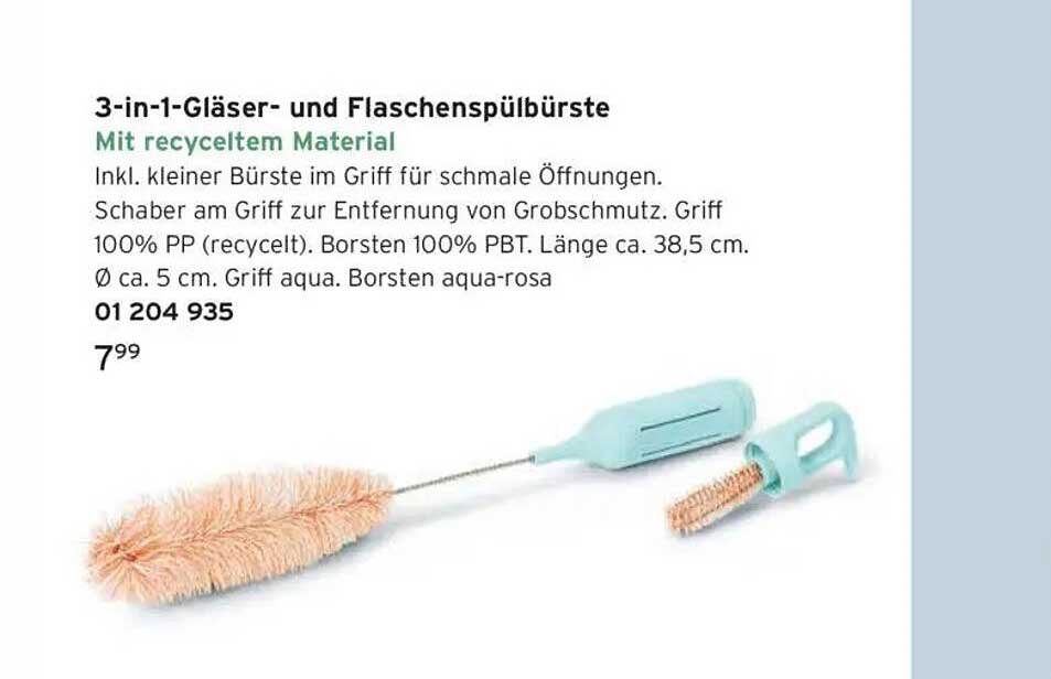 3-in-1-Gläser- und Flaschenpülbürste mit recyceltem Material