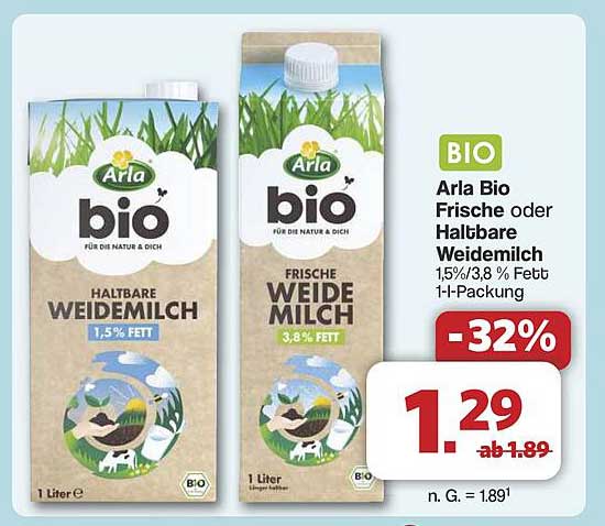 Arla Bio Frische oder Haltbare Weidemilch 1,5%/3,8% Fett 1-l-Packung