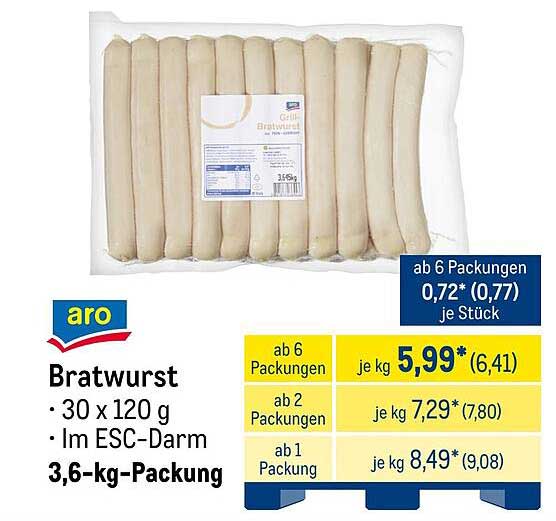 ARO Bratwurst 3,6 kg - 30 x 120 g im ESC-Darm