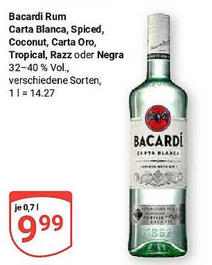 Bacardi Rum Carta Blanca, Spiced, Coconut, Carta Oro, Tropical, Razz oder Negra, 0,7 l