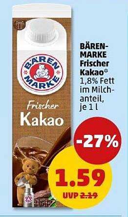 BÄREN-MARKE Frischer Kakao 1,8% Fett im Milchanteil, je 1 l