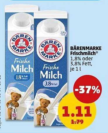 Bärenmarke Frischmilch 1,8% oder 3,8% Fett, je 1 l