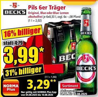 Beck's Pils 6er Träger - Original, Blue oder Blue Lemon