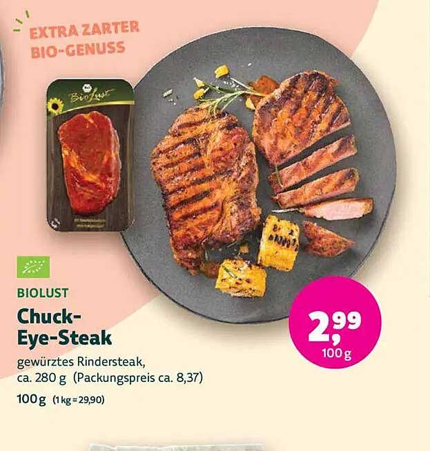 BIOLUST Chuck-Eye-Steak, gewürztes Rindersteak, ca. 280 g
