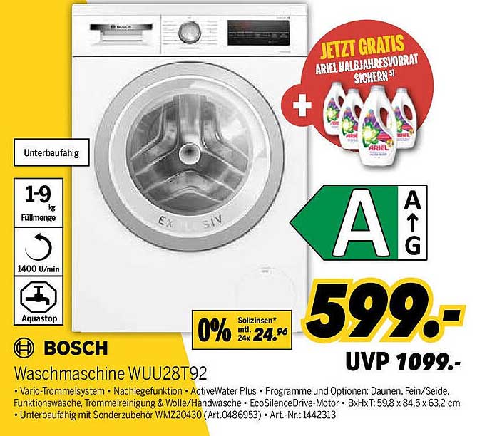 BOSCH Waschmaschine WUU28T92 - Unterbau, 9 kg, 1400 U/min