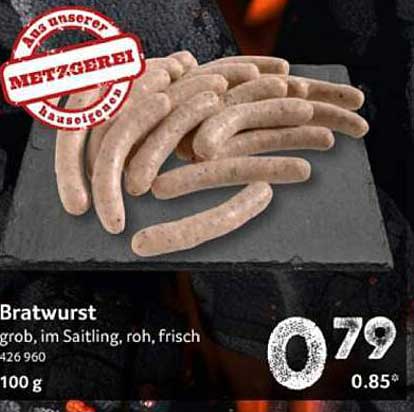 Bratwurst grob, im Saitling, roh, frisch