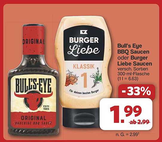 Bull's Eye BBQ Saucen oder Burger Liebe Saucen 300 ml