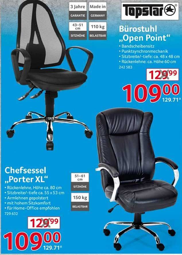 Bürostuhl „Open Point“ und Chefsessel „Porter XL“
