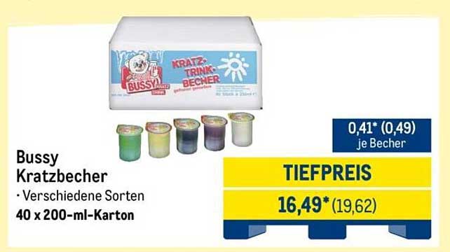 Bussy Kratzbecher - Verschiedene Sorten 40 x 200-ml-Karton
