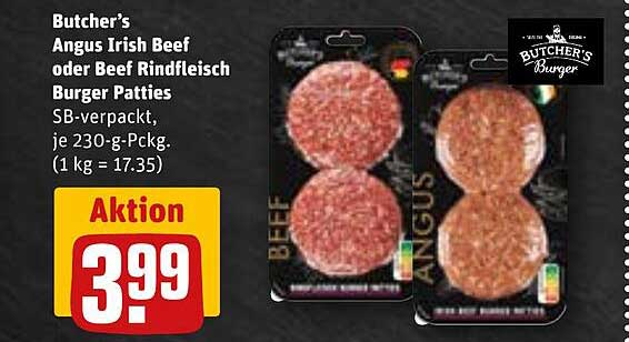 Butcher's Angus Irish Beef oder Beef Rindfleisch Burger Patties, 230-g-Packung