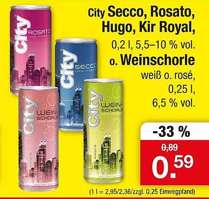 City Secco, Rosato, Hugo, Kir Royal, Weinschorle