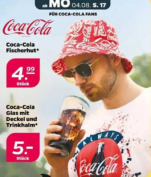 Coca-Cola Fischerhut und Glas mit Deckel und Trinkhalm