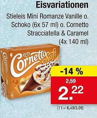 Cornetto Soft Eisvariationen - Stieleis Mini Romanze Vanille o. Schoko (6x 57 ml) oder Cornetto Stracciatella & Caramel (4x 140 ml)