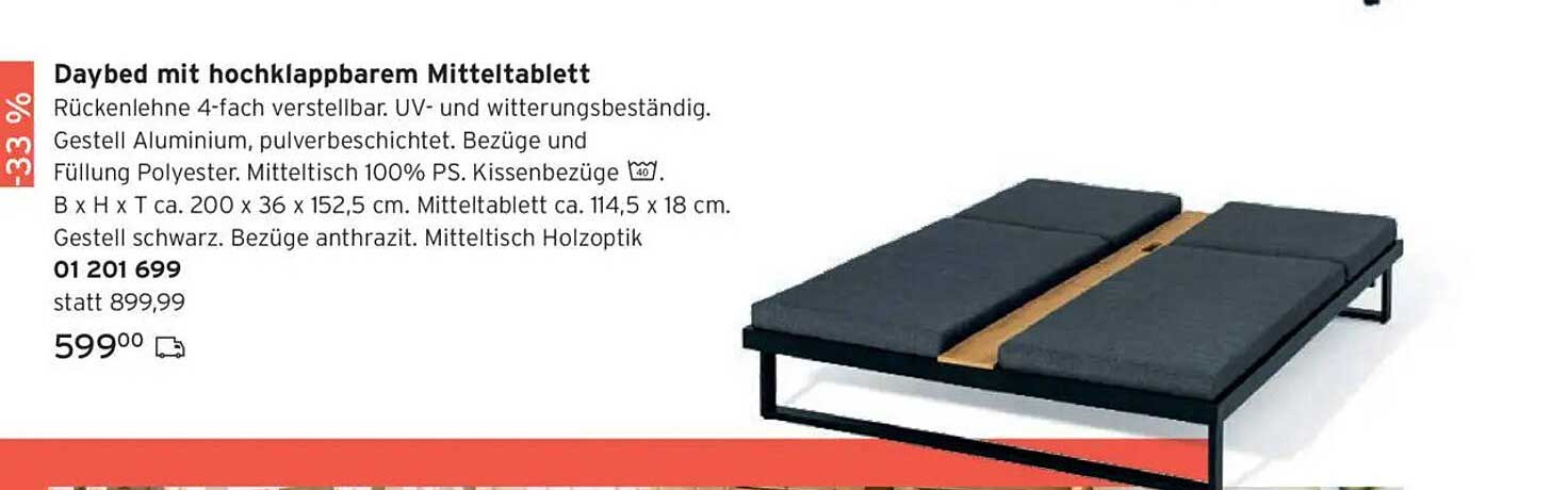 Daybed mit hochklappbarem Mitteltablett