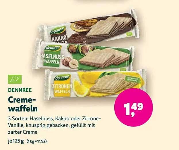 DENNREE Cremewaffeln - Haselnuss, Kakao oder Zitrone-Vanille