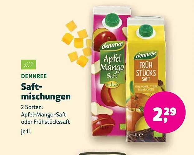 Dennree Saftmischungen – 2 Sorten: Apfel-Mango-Saft oder Frühstückssaft