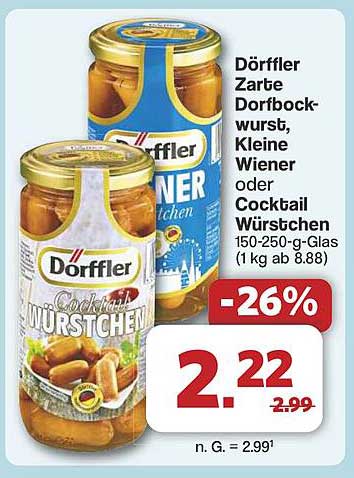 Dörffler Zarte Dorfbockwurst, Kleine Wiener oder Cocktail Würstchen 150-250-g-Glas