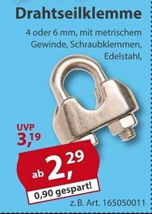 Drahtseilklemme 4 oder 6 mm, mit metrischem Gewinde, aus Edelstahl