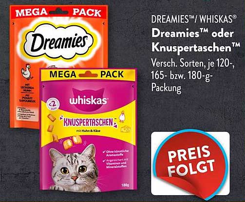Dreamies™ oder Whiskas® Knuspertaschen - Verschiedene Sorten, je 120-, 165- bzw. 180-g Packung