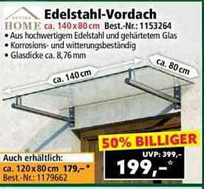 Edelstahl-Vordach 140 x 80 cm