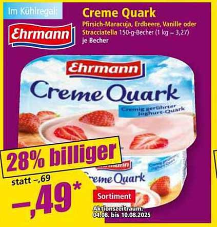 Ehrmann Creme Quark – Pfirsich-Maracuja, Erdbeere, Vanille oder Stracciatella 150-g-Becher