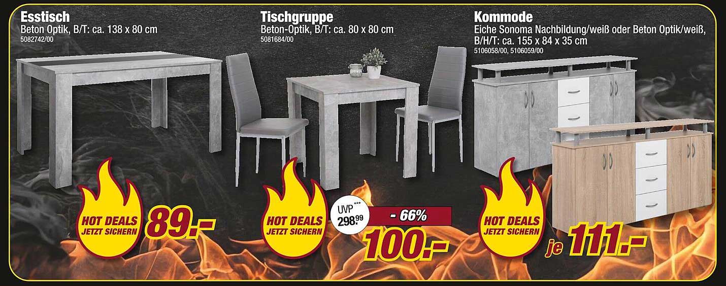 Esstisch Beton Optik, Tischgruppe Beton-Optik, Kommode Eiche Sonoma Nachbildung