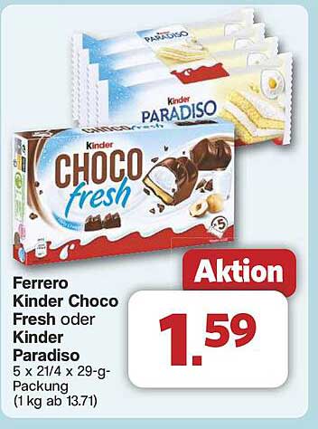 Ferrero Kinder Choco Fresh oder Kinder Paradiso 5 x 21/4 x 29-g-Packung