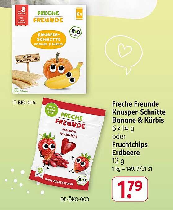 Freche Freunde Knusper-Schnitte Banane & Kürbis 6 x 14 g oder Fruchtchips Erdbeere 12 g
