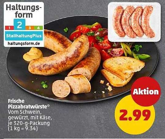 Frische Pizzabratwürste* vom Schwein, gewürzt, mit Käse, je 320-g-Packung